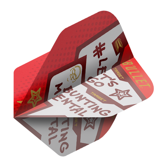 Das Bild zeigt ein Dart-Flight mit der Aufschrift „BUNTING MENTAL“ und „LET’S GO“. Das Flight hat ein rotes und weißes Design mit gelben und braunen Akzenten.
