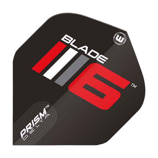6915-225_Winmau_Prism_Delta_Blade6_A_Standard_Flights_1cMHioShH2goA4 Auf dem Bild ist das Winmau Prism Delta Blade 6 A Standard Flights abgebildet. Es zeigt ein modernes Design mit schwarzen, roten, weißen und grauen Elementen sowie den Schriftzügen „Blade 6“ und „Prism Delta“.