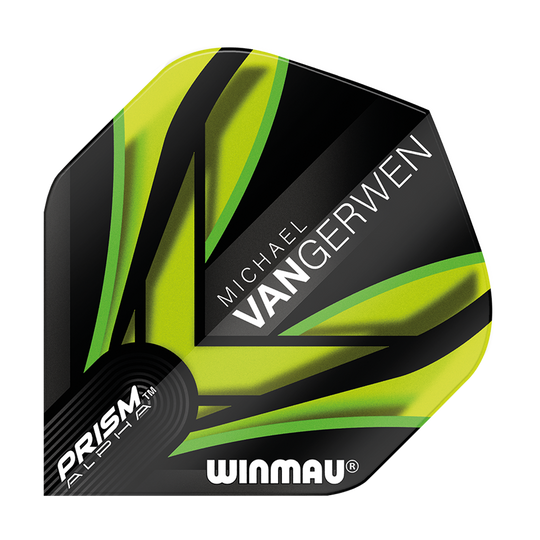 Dies ist ein Winmau Prism Alpha MvG Black Green V2 Standard Flight. Das Design ist überwiegend schwarz mit auffälligen grünen und gelben Akzenten sowie dem Namen "Michael van Gerwen".