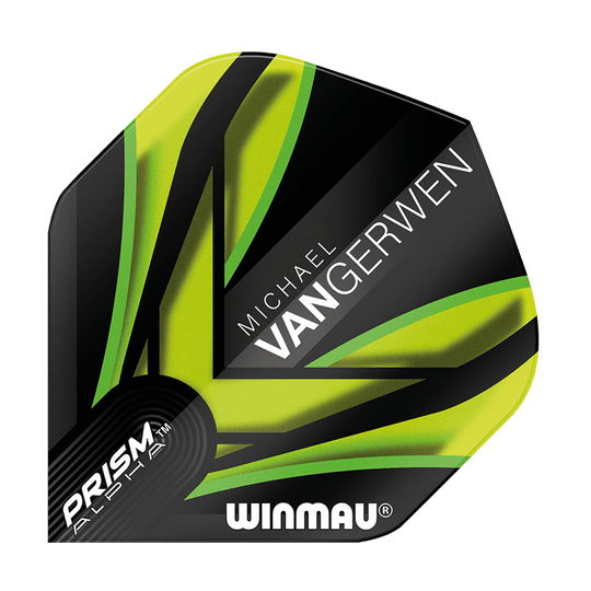 6915-145_Winmau_Prism_Alpha_MvG_Black_Green_V2_Standard_Flights_1x7JcQ6h7kBRAx Dies ist ein Winmau Prism Alpha MvG Black Green V2 Standard Flight. Das Design ist überwiegend schwarz mit auffälligen grünen und gelben Akzenten sowie dem Namen "Michael van Gerwen".