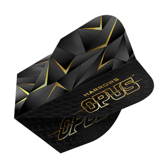 Das Bild zeigt die Harrows Opus Version 3 Flights. Sie sind schwarz mit einem goldenen geometrischen Muster und goldener Schrift gestaltet.