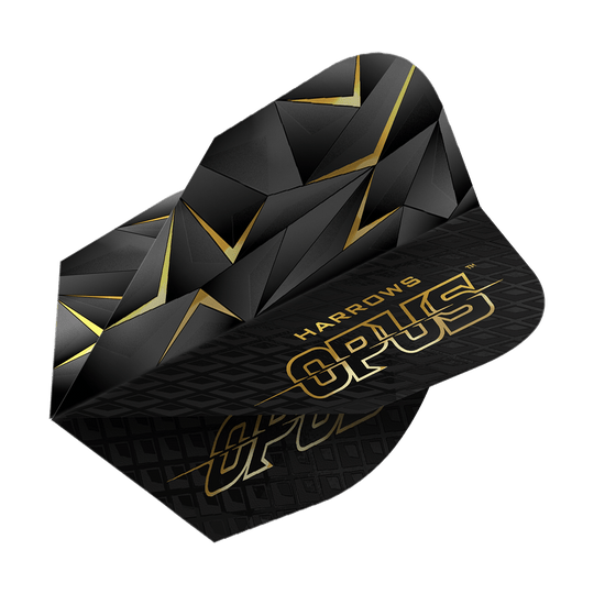 Harrow's Opus Version 3 Flights Das Bild zeigt die Harrows Opus Version 3 Flights. Sie sind schwarz mit einem goldenen geometrischen Muster und goldener Schrift gestaltet.