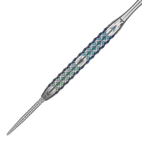 Target Rove 01 Swiss Point steel darts Dies ist ein Steeldart namens "Target Rove 01 Swiss Point". Er hat ein auffälliges, farbiges und strukturiertes Griffdesign.