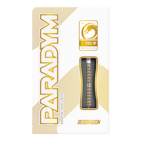 Red Dragon Paradym Gold Parallel Steeldarts Das Bild zeigt die Red Dragon Paradym Gold Parallel Steeldarts. Sie sind parallel geformt und in einer auffälligen Goldfarbe gehalten.