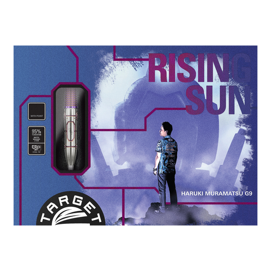 Target Japan Haruki Muramatsu Rising Sun GEN9 Steeldarts - 23g Die Abbildung zeigt die Verpackung der "Target Japan Haruki Muramatsu Rising Sun GEN9 Steeldarts - 23g". Auf der Packung sind ein Dartpfeil, das Logo von Target und ein Mann im Profil sowie der Schriftzug "Rising Sun" zu sehen.