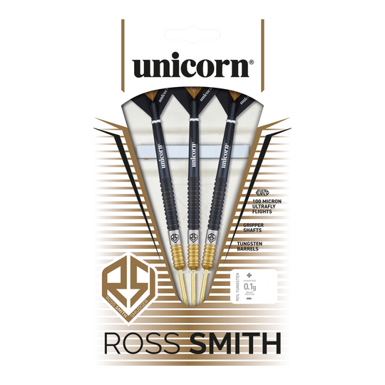 Unicorn Ross Smith Two-Tone Steel Darts Das Bild zeigt die Unicorn Ross Smith Two-Tone Steeldarts in ihrer Verpackung. Die Verpackung hebt die Eigenschaften wie Gripper Shafts, 100 Micron Ultrafly Flights und Tungsten Barrels hervor.
