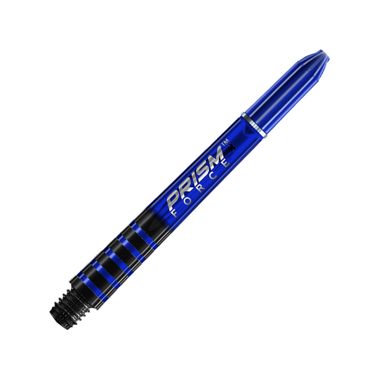 7020-403_Winmau_Prism_Force_Shafts_Blau_41mm_2 Auf dem Bild ist ein blauer Dartshaft mit der Aufschrift "PRISM FORCE" zu sehen. Der Hintergrund besteht aus schrägen, blau-grauen Streifen.