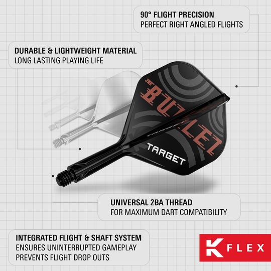 Target K-Flex Stephen Bunting No2 Standard Flight Shaft System Das Bild zeigt die Target K-Flex Stephen Bunting No2 Standard Flights mit integriertem Flight- und Shaft-System. Sie bestehen aus langlebigem, leichtem Material und bieten eine präzise 90° Flugposition.