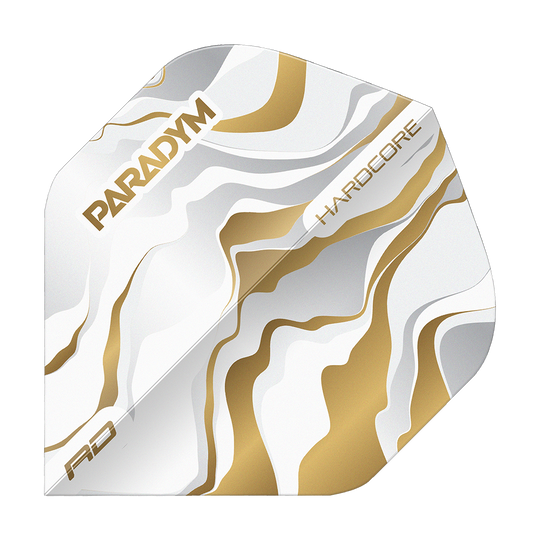 Gezeigt wird Red Dragon Hardcore Premium Paradym Gold Premium No2 Standard Flights. Es sind goldfarbene, hochwertige Dart Flights für genaue Würfe.