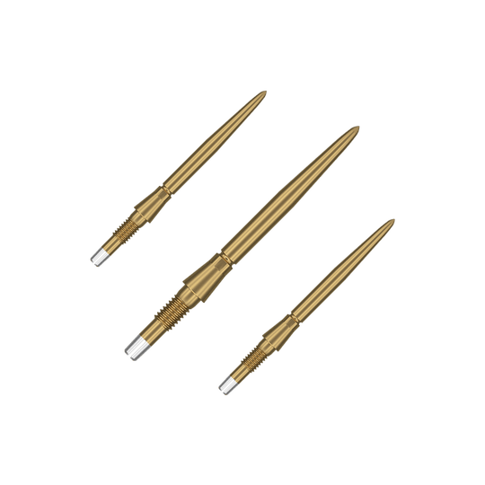 Target Swiss Storm Point Dart Tips - Gold Das Bild zeigt drei goldene Dartspitzen, die nebeneinander angeordnet sind. Sie haben ein schlankes, spitzes Design mit einem silbernen Schraubgewinde am Ende.