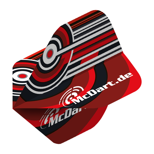 McDart Design V4 Standard Flights Das Bild zeigt die McDart Design V4 Standard Flights. Sie sind in Rot, Schwarz und Weiß gestaltet und tragen den Schriftzug "McDart.de".