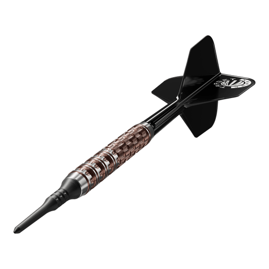Das Bild zeigt die Target Japan Prime Series George Nishitani Raptor GEN6 Softdarts mit einem Gewicht von 21,5g. Die Softdarts liegen auffällig im Fokus und präsentieren ihr Design deutlich.