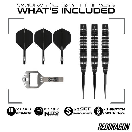 Red Dragon Sable Bomb Switch Point Steel Darts Das Bild zeigt die Red Dragon Sable Bomb Switch Point Steeldarts. Die Darts haben ein markantes Design und sind speziell für das Steeldartspiel entwickelt.