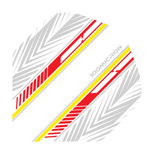 Pentathlon Flights white/red/yellow Das Bild zeigt ein Dartflight in Weiß mit roten und gelben Streifen sowie grauen Mustern. Auf dem Flight steht der Text "100 MICRON".