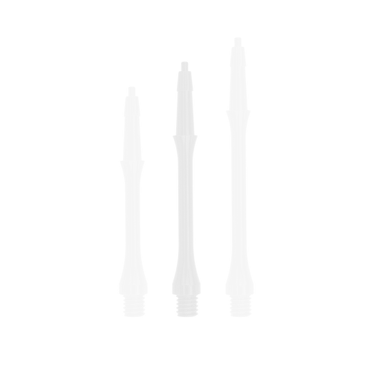 Das Bild zeigt drei weiße Harrows Clic Slim Shafts in unterschiedlichen Längen. Sie sind für den Einsatz bei Darts geeignet.