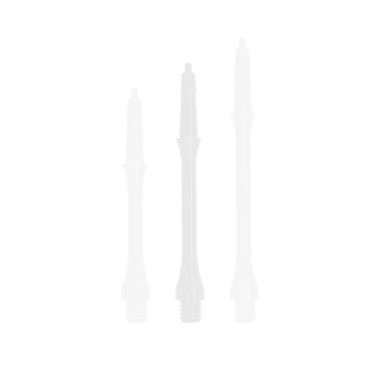 HRC-12596-W_Harrows_Clic_Slim_Shafts_White_30mm_1uZtrih9Jo4QUh Das Bild zeigt drei weiße Harrows Clic Slim Shafts in unterschiedlichen Längen. Sie sind für den Einsatz bei Darts geeignet.