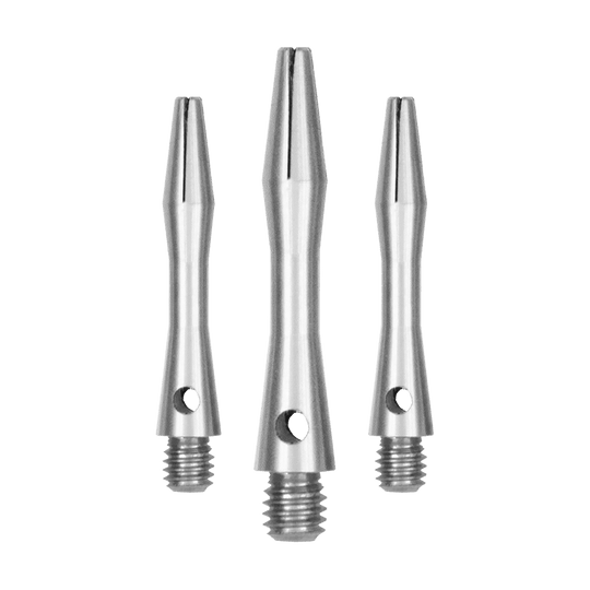 516_Aluminium_Shafts_Silber_30mm_13kjUSXxfoeq0I Das Bild zeigt drei silberne Aluminium-Schäfte in verschiedenen Längen. Sie haben ein glattes, metallisches Finish und ein Schraubgewinde am unteren Ende.