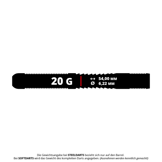 Das Bild zeigt den Barrel des Bulls NL Benjamin Pratnemer Steeldarts mit einem Gewicht von 20 Gramm. Die Länge beträgt 54,00 mm und der Durchmesser 6,22 mm.