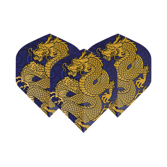 Pentathlon Flights Dragon blue Auf dem Bild sind drei Dartflights mit einem auffälligen goldenen Drachendesign auf dunkelblauem Hintergrund zu sehen. Es handelt sich um die "Pentathlon Dragon 4 Standard Flights".