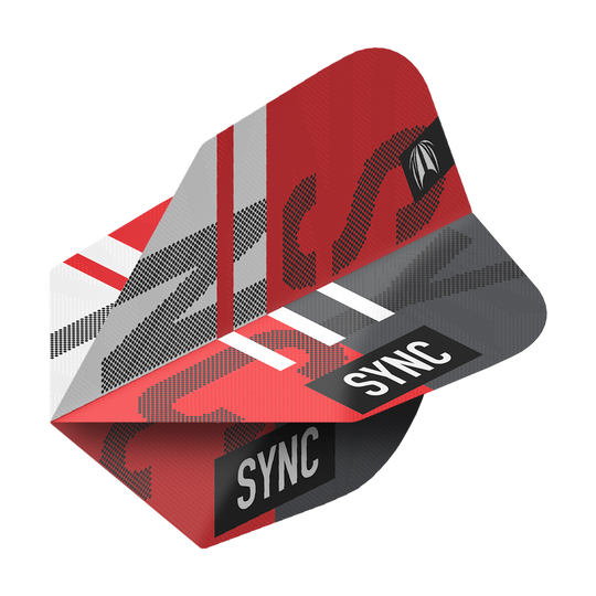 Das Bild zeigt das Produkt „Target ProUltra Sync No6 Flights“. Die Flights sind überwiegend rot, grau und schwarz gestaltet und tragen den Schriftzug „SYNC“.
