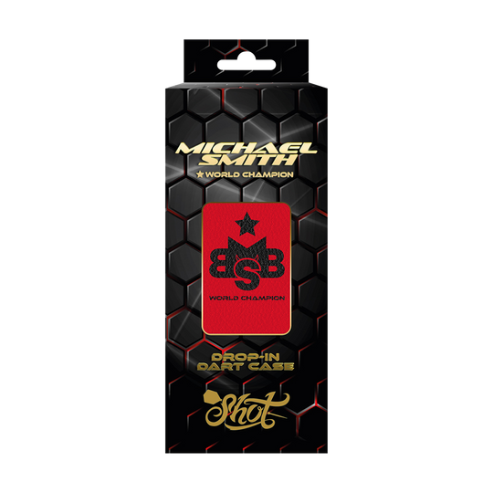 Die Abbildung zeigt das Produkt "Shot Michael Smith World Champion Drop-In Dartcase" in der Farbe Rot. Die Verpackung ist schwarz mit Wabenmuster und hebt das rote Dartcase mit dem Aufdruck "World Champion" hervor.