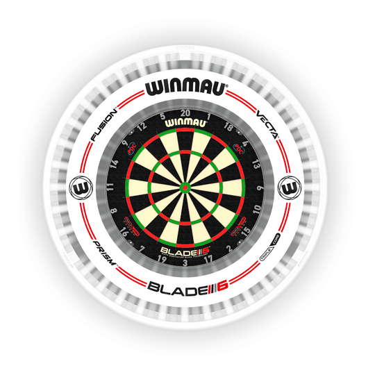 Winmau Plasma Ice LED Dartboard Light Das Bild zeigt das Produkt "Winmau Plasma Ice LED Dartboard Light" um ein Dartboard. Es sorgt für eine helle und gleichmäßige Ausleuchtung der Dartscheibe.