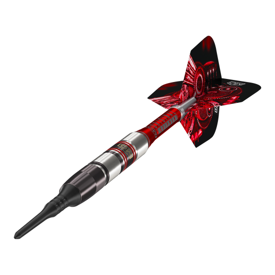 DW Piranha Razor 02 Softdarts Das Bild zeigt den DW Piranha Razor 02 Softdart. Der Dart hat ein modernes Design mit roten und silbernen Akzenten.