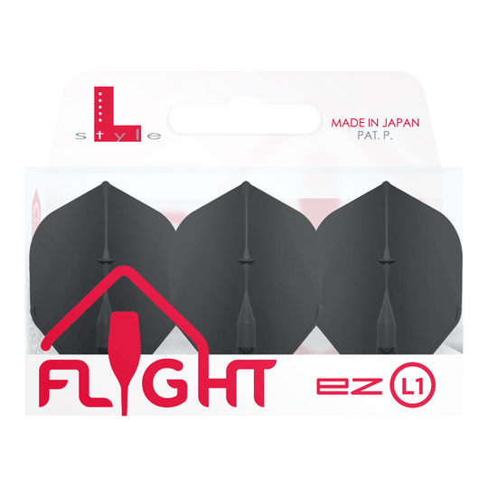 L-Style Champagne L1EZ Standard Flights Die Abbildung zeigt eine Packung mit L-Style Champagne L1EZ Standard Flights. In der Verpackung befinden sich drei schwarze Dartflights.