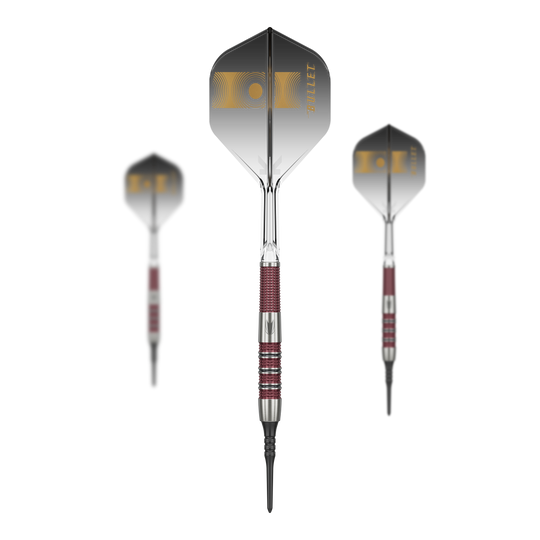Auf dem Bild sind drei Softdarts des Modells „Target Stephen Bunting 95K“ mit einem Gewicht von 19g zu sehen. Die Darts haben schwarze Flights mit goldener Aufschrift und silber-rote Griffe.