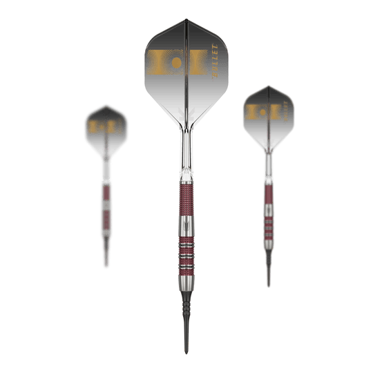Target Stephen Bunting 95K Soft Darts - 19g Auf dem Bild sind drei Softdarts des Modells „Target Stephen Bunting 95K“ mit einem Gewicht von 19g zu sehen. Die Darts haben schwarze Flights mit goldener Aufschrift und silber-rote Griffe.