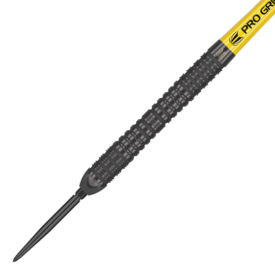 Das Bild zeigt einen Target Bolide Void 04 Swiss Point Steeldart. Der Dart hat ein schwarzes, geriffeltes Barrel und einen gelben Schaft mit der Aufschrift "PRO GRIP".
