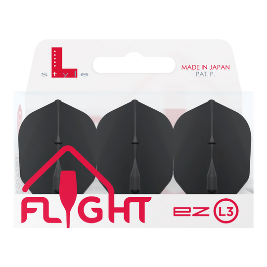 L-L-Style3EZ Flights Auf dem Bild ist eine Packung mit drei schwarzen Dartflights der Marke L-Style zu sehen. Die Verpackung trägt die Aufschrift „MADE IN JAPAN“ und „FLIGHT ez L3“.
