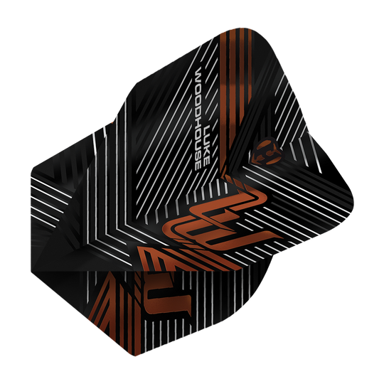 Das Bild zeigt die Harrows Luke Woodhouse Series 2 Flights. Die Flights sind schwarz mit weißen und orangefarbenen Linien sowie dem Namen "Luke Woodhouse" darauf.