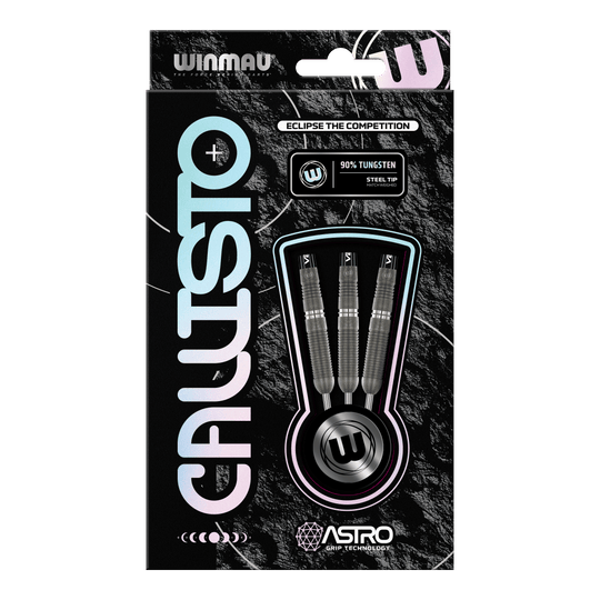 Winmau Callisto 03 Steeldarts Das Bild zeigt eine Verpackung der "Winmau Callisto 03 Steeldarts". Drei Steeldarts mit 90% Tungsten und Astro Grip Technologie sind sichtbar durch ein Sichtfenster präsentiert.