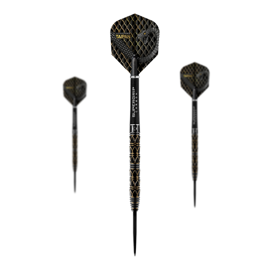 Harrows Taipan Steeldarts Das Bild zeigt drei Harrows Taipan Steeldarts mit einem schwarzen und goldenen Design. Die Darts haben eine strukturierte Oberfläche und moderne Flights.