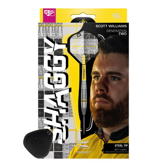 Target Scott Williams GEN2 Swiss Point steel darts Das Bild zeigt die Verpackung der Target Scott Williams GEN2 Swiss Point Steeldarts. Auf der Verpackung ist ein Porträt von Scott Williams und ein einzelner Dart mit Stahlspitze abgebildet.