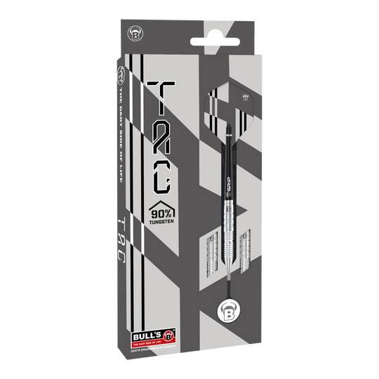 Bulls Tac T3 Steeldarts Die Abbildung zeigt die Verpackung der Bulls Tac T3 Steeldarts. Auf der Vorderseite ist zu erkennen, dass die Darts zu 90 % aus Tungsten bestehen.