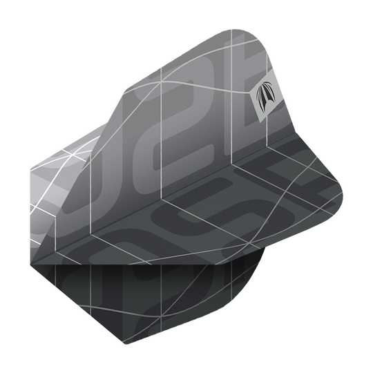 Target Pro Ultra Aspinall X Echo No6 Flights - 3 Sets Das Bild zeigt ein Set von Target Pro Ultra Aspinall X Echo No6 Flights für Darts. Die Flights sind in einem modernen, dunklen Design mit grafischen Linien und einem dezenten Logo gestaltet.