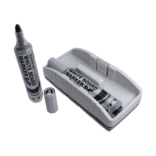 671-Maxiflow-Trocken-Wischschwamm-inkl-zwei-Markern-2 Das Bild zeigt das Produkt "Maxiflo Trocken Wischschwamm" inklusive zwei Whiteboard-Markern. Ein Marker liegt im Wischschwamm, der andere steht daneben mit abgenommener Kappe.
