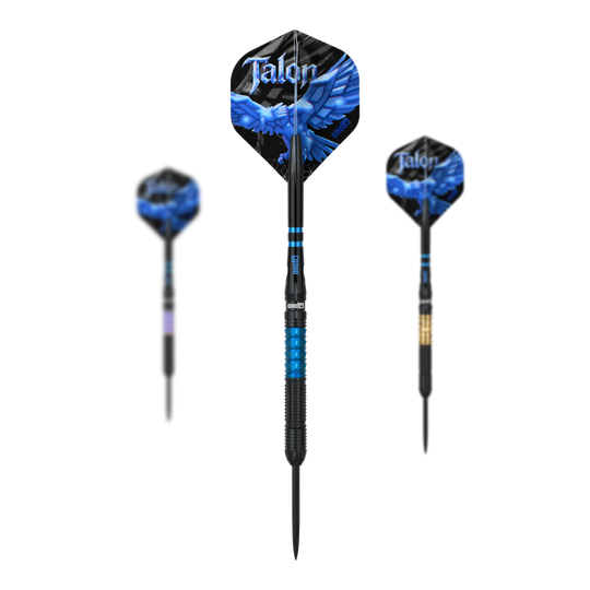 Abgebildet sind die One80 Talon Steeldarts. Das Set besteht aus hochwertigen Steeldarts zum professionellen Dartspiel.
