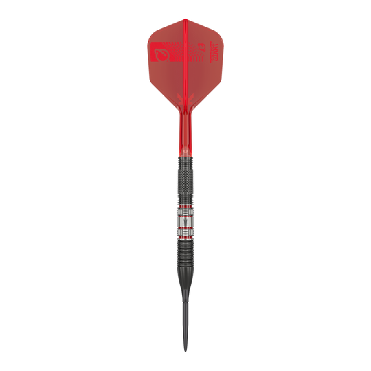 Target Gabriel Clemens 95K Swiss Point Steel Darts Das Bild zeigt einen Target Gabriel Clemens 95K Swiss Point Steeldart. Der Dart hat eine schwarze Spitze, einen schwarz-silbernen Schaft und auffällige rote Flights.
