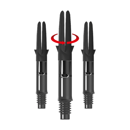 L-L-Style-Shaft Carbon Silent Straight - Black Das Bild zeigt drei schwarze Carbon-Schaftsätze für Dartpfeile ohne Kappen. Über dem mittleren Schaft ist ein roter Pfeil, der eine Drehbewegung anzeigt.