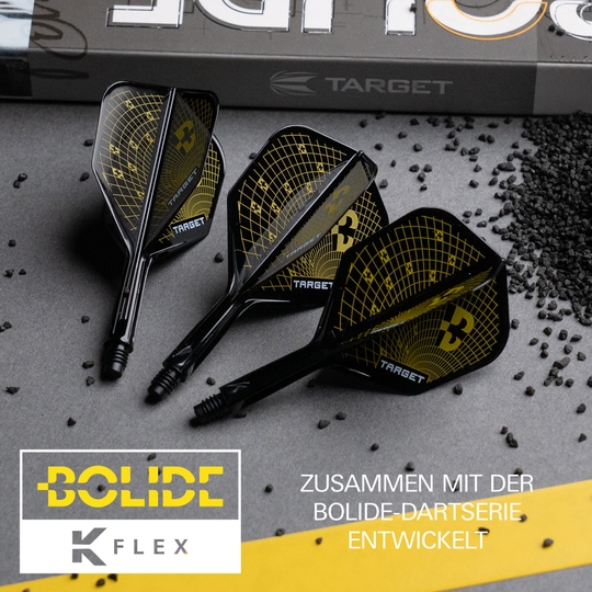 Das Bild stellt die Target K-Flex Bolide No2 Standard Flights dar. Diese Flights eignen sich ideal für ambitionierte Dartspieler.