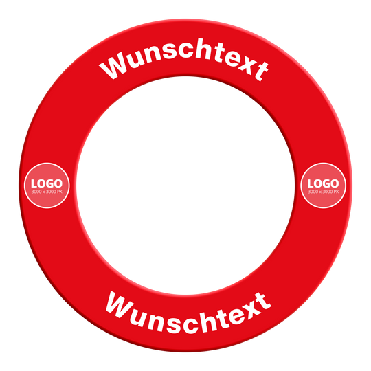 Surround with desired pressure Das Bild zeigt ein Produkt mit dem Dateinamen MC-2012_Dartboard_Surround_mit_Wunschdruck_Rot_TextLogo_2. Es scheint sich um eine rote Dartboard-Umrandung mit Text und Logo zu handeln.