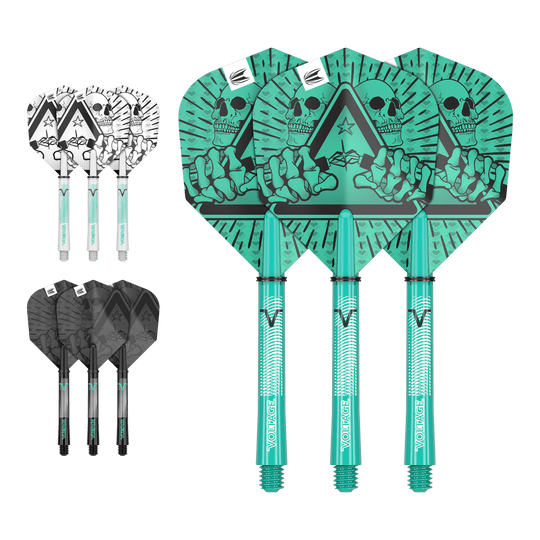 Das Bild zeigt drei Sätze von Dartflights und -schäften in unterschiedlichen Farben und Designs. Die größten Flights haben ein auffälliges grünes Motiv mit einem Totenkopf und einer Hand.