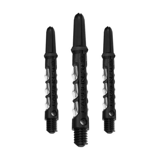 Das Bild zeigt drei klare Harrows Carbon ST Shafts für Dartpfeile. Die Schäfte sind schwarz mit durchsichtigen Elementen und tragen die Aufschrift "CARBON ST".
