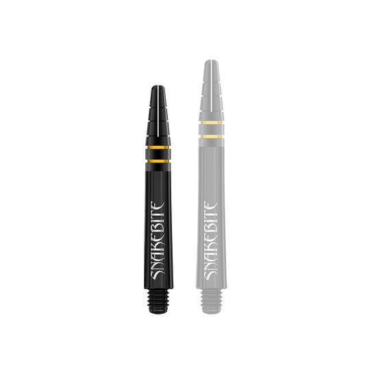 Auf dem Bild sind zwei schwarze Dart-Schäfte mit goldenen Ringen zu sehen. Auf den Schäften steht das Wort "Snakebite" in weißer Schrift.