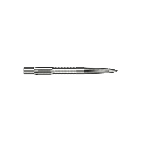 Caliburn System Steel Dart Tips - Micro Grip - Silver Das Bild zeigt eine silberne Steeldartspitze mit feinem Mikrorillen-Grip. Die Spitze ist gerade und hat eine Länge von 28 mm.
