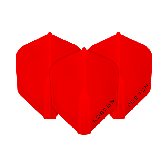 Das Bild zeigt drei rote Dart-Flights mit der Aufschrift "ROBSON". Sie sind in einer Reihe angeordnet und haben eine moderne, glänzende Oberfläche.