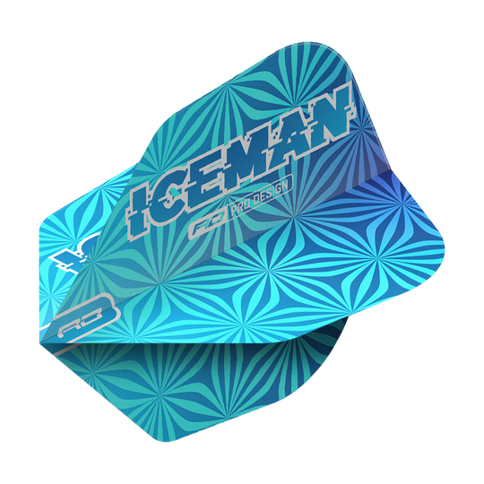 Das Bild zeigt ein blaues Dart-Flight mit geometrischem Muster und der Aufschrift "ICEMAN". Es handelt sich um das Produkt "Red Dragon Gerwyn Price Iceman Blue No6 Flights".